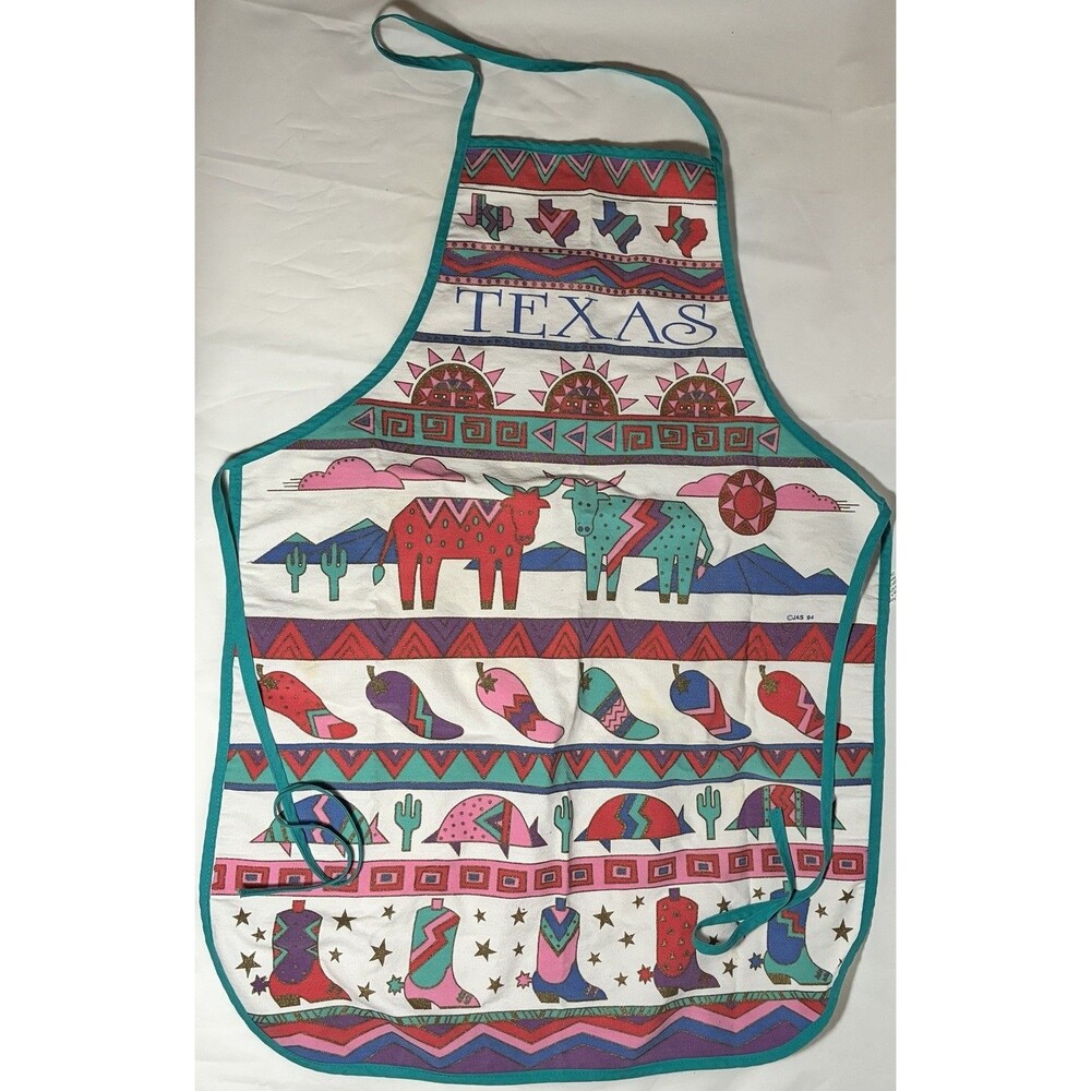 Vintage 1984 Texas Southwest Apron Cactus Cowboy Boots Bulls Chili Peppers JAS